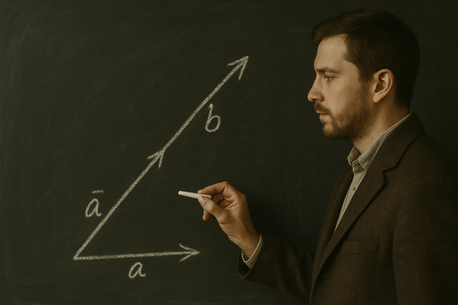 A man drawing two vectors on a blackboard